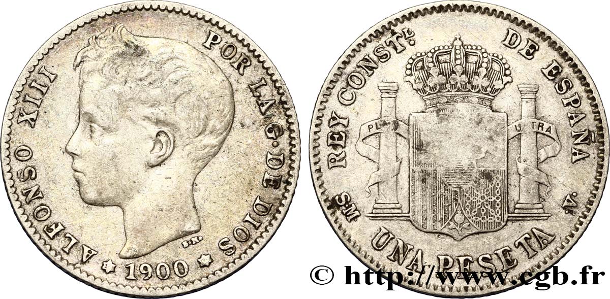 ESPAÑA 1 Peseta Alphonse XIII 3e type 1900 Madrid BC 
