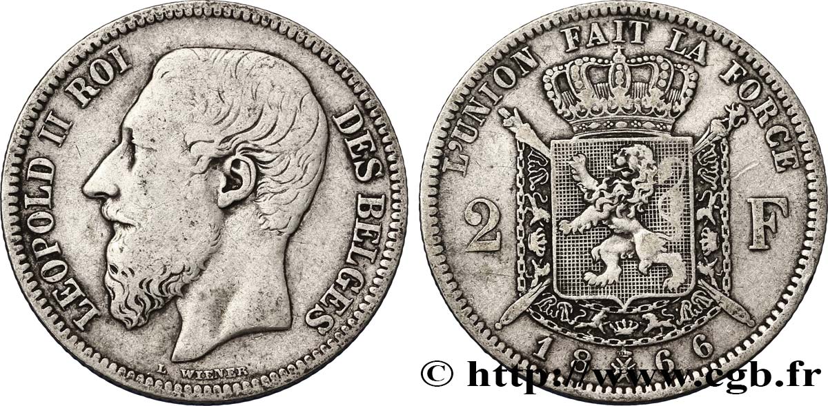 BÉLGICA 2 Francs Léopold II légende française 1866  BC+ 