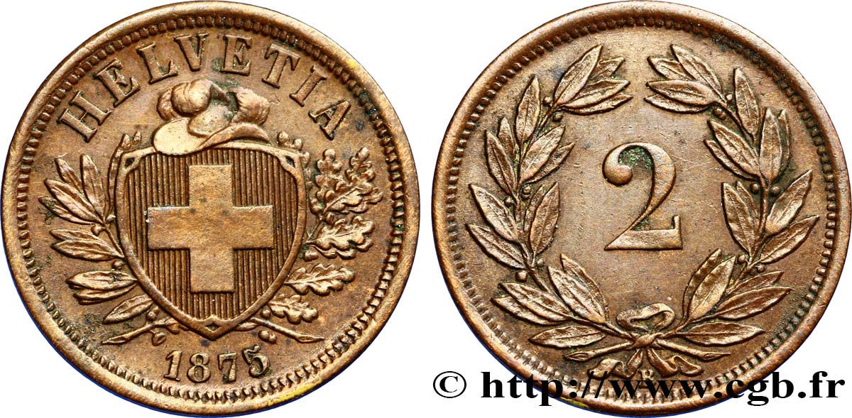 SCHWEIZ 2 Centimes (Rappen) croix suisse 1875 Berne - B VZ 