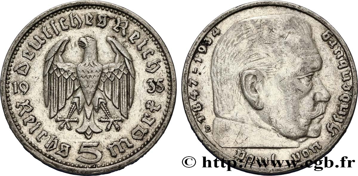 ALLEMAGNE 5 Reichsmark Maréchal Paul von Hindenburg 1935 Muldenhütten - E TTB 