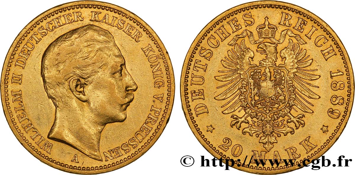 GERMANY - PRUSSIA 20 Mark Guillaume II 1889 Berlin XF 
