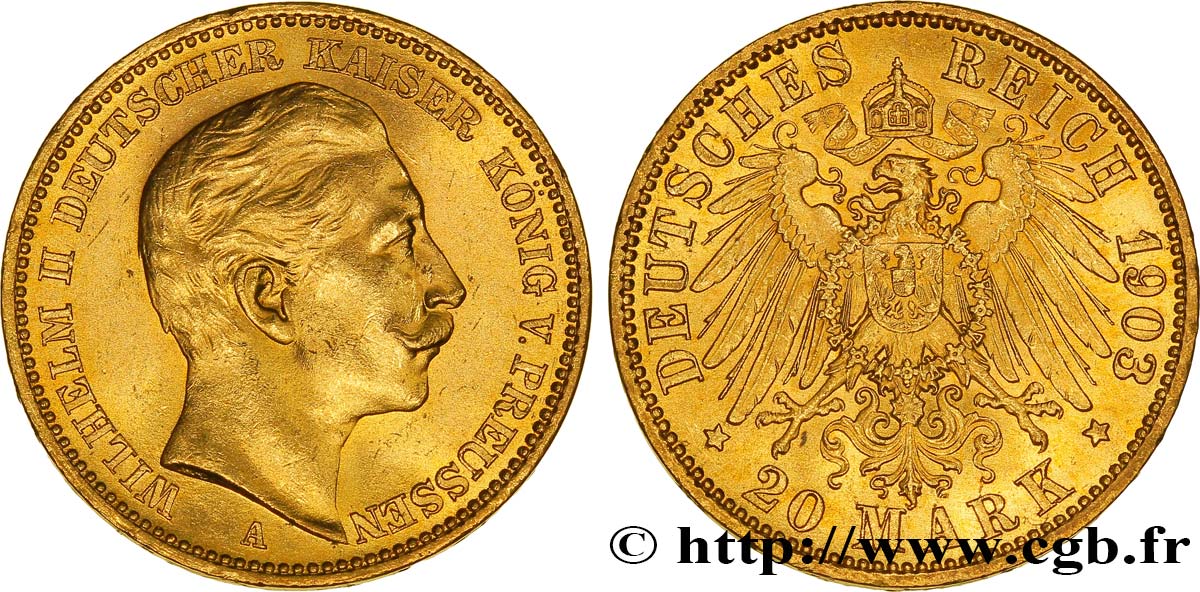 ALLEMAGNE - PRUSSE 20 Mark or, 2e type Guillaume II / aigle impérial 1903 Berlin SUP 