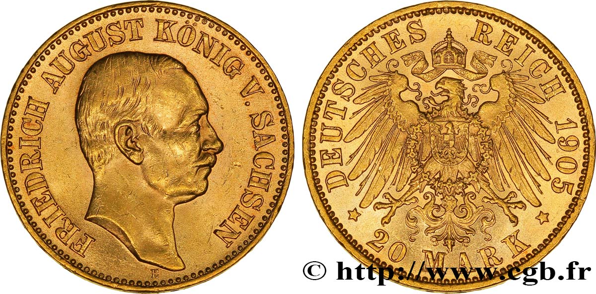 ALLEMAGNE - SAXE 20 Mark royaume de Saxe Frédéric Auguste / aigle héraldique 1905 Muldenhütten - E SUP 