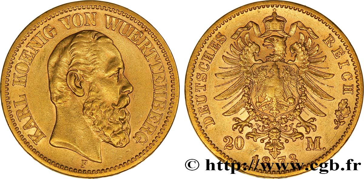 ALLEMAGNE - WURTEMBERG 20 Mark or, 1er type Charles Ier 1873 Stuttgart TTB 