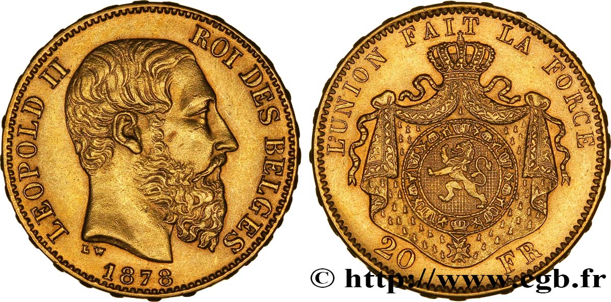 BELGIUM 20 Francs Léopold II 1878 Bruxelles AU 
