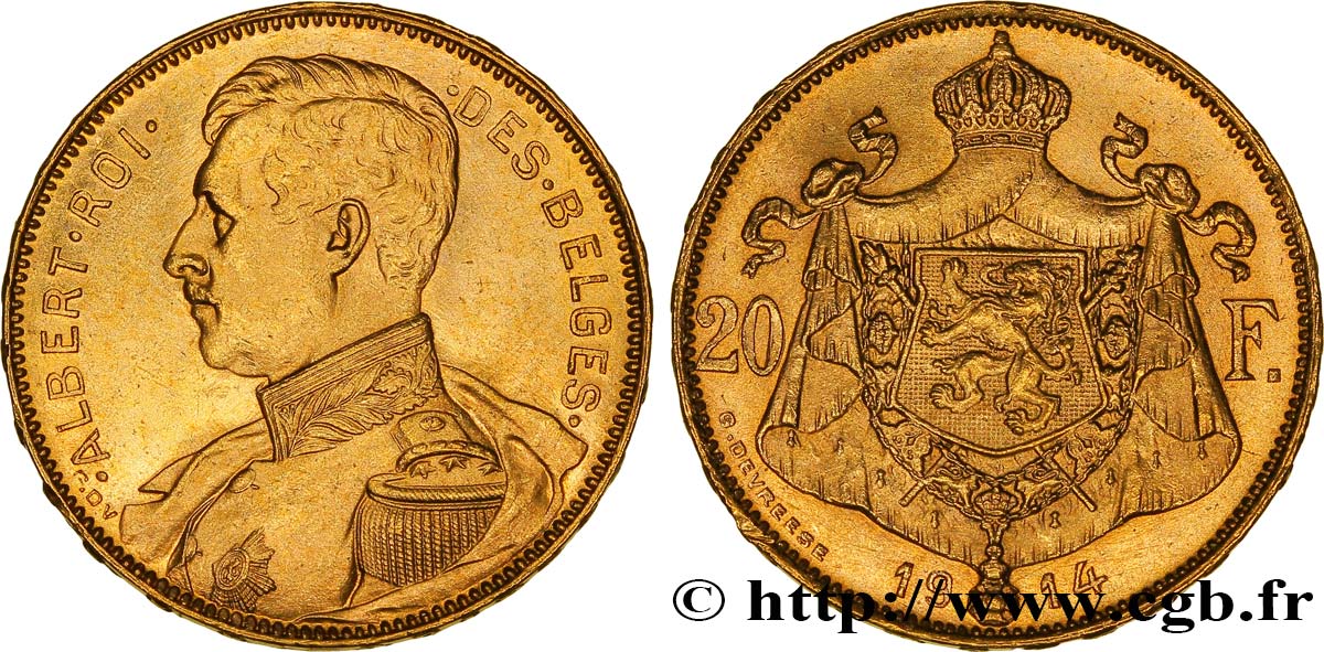 BELGIQUE 20 Francs or Albert Ier tête nue légende française, tranche position A 1914  SUP 