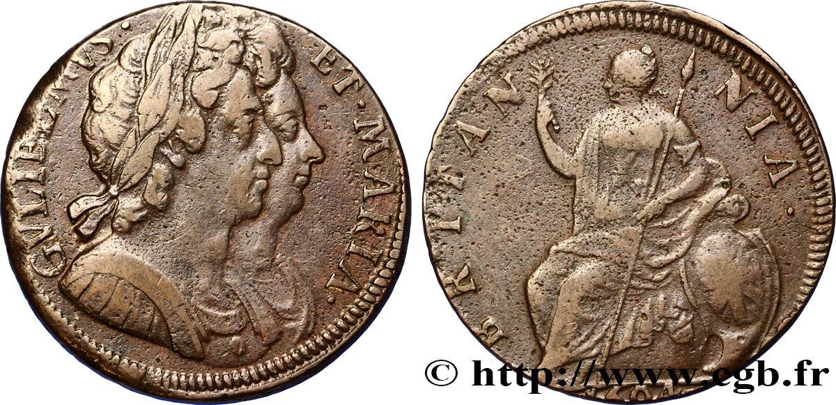 UNITED KINGDOM 1/2 Penny Guillaume tête laurée et Marie 1694  XF 