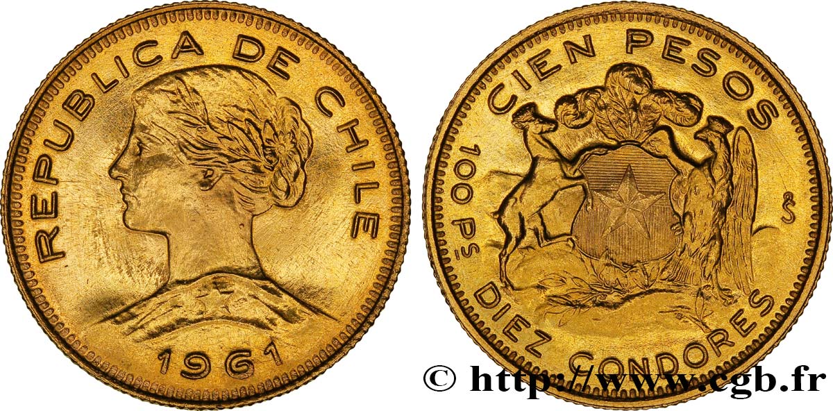 CHILI 100 Pesos or ou 10 condores en or, 2e type buste de la République 1961 Santiago SPL 