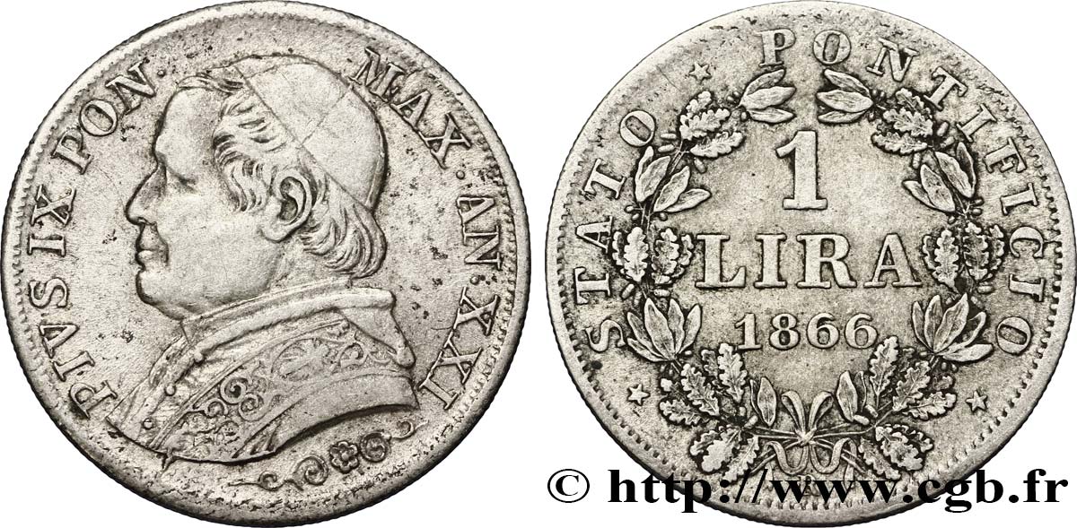 VATICAN AND PAPAL STATES 1 Lire Pie IX type grand buste an XXI 1866 Rome XF 
