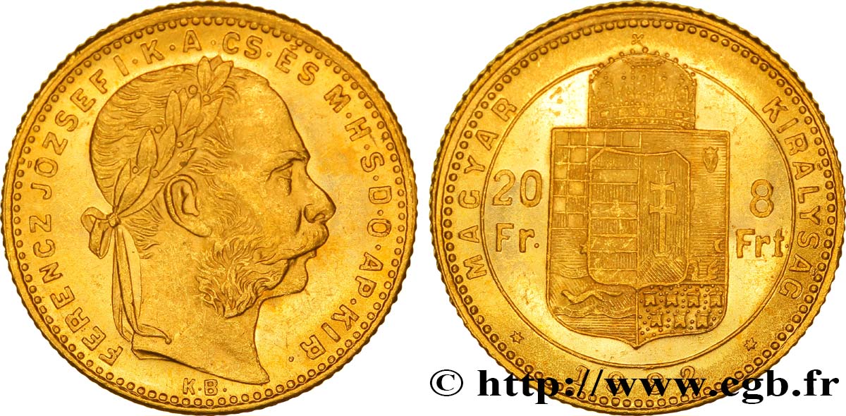 HONGRIE 20 Francs or ou 8 Forint, 2e type François-Joseph Ier 1882 Kremnitz SUP 