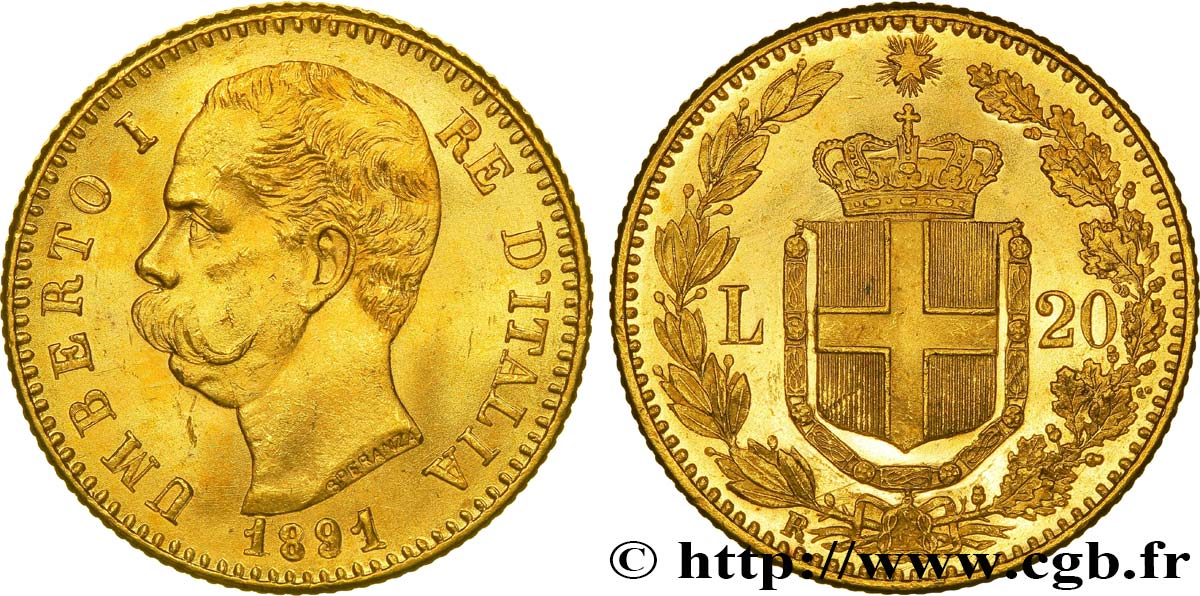 ITALY 20 Lire Humbert Ier 1891 Rome AU 