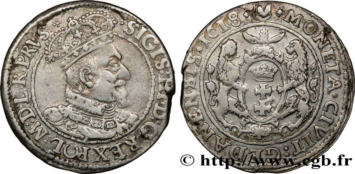 POLOGNE 1/4 de Thaler Sigismond III Vasa 1618 Dantzig TB+ 