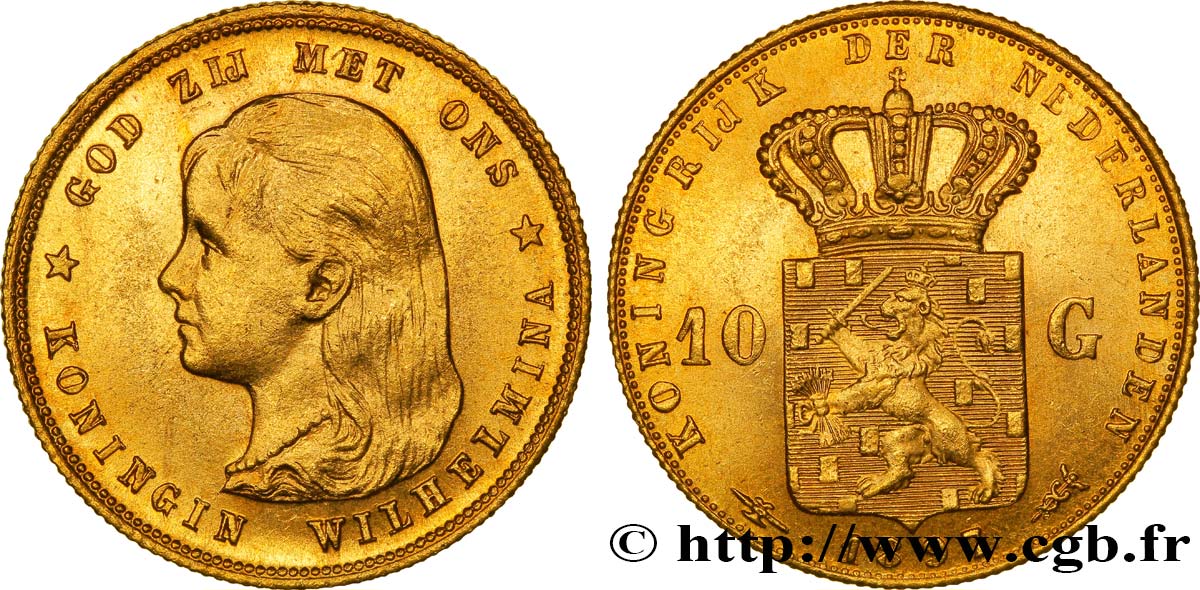 PAYS-BAS 10 Gulden or Reine Wilhelmina 1897 Utrecht SUP 