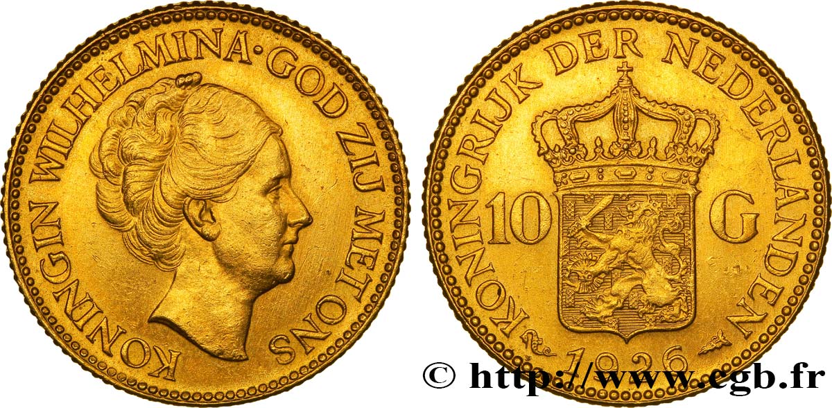 NETHERLANDS 10 Gulden or ou 10 Florins Wilhelmine / écu couronné 1926 Utrecht AU 