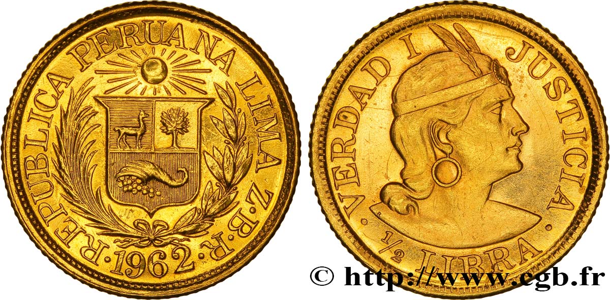 PÉROU 1/2 Libra or emblème / indien 1962 Lima SUP 