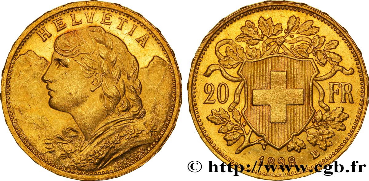 SUISSE 20 Francs or buste diadémé d Helvetia / croix suisse 1898 Berne - B SUP 