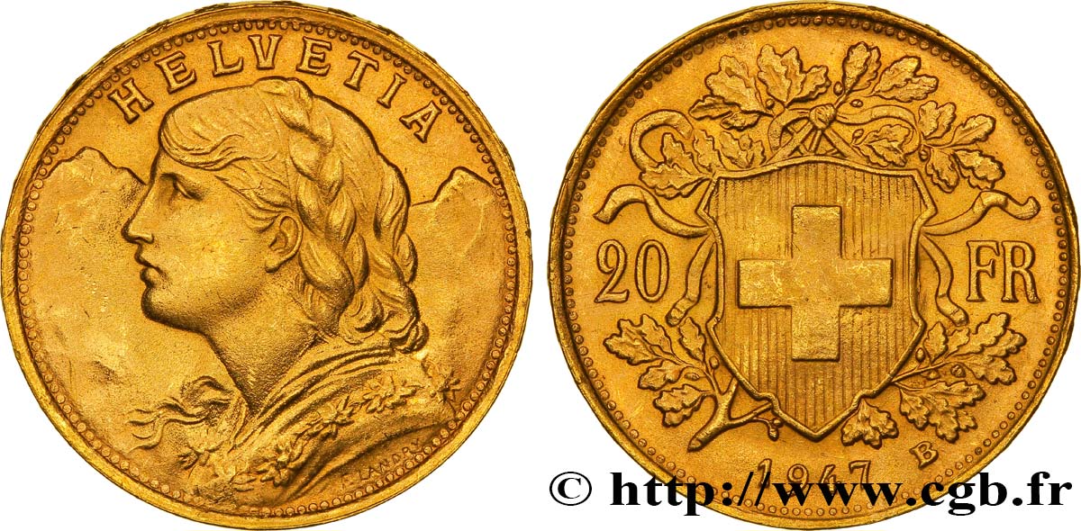 SUISSE 20 Francs or  Vreneli  jeune fille / croix suisse 1947 Berne - B SPL 