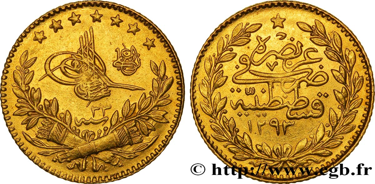 TURQUIE 25 Kurush en or Sultan Abdülhamid II AH 1293, An 33 1907 Constantinople SUP 
