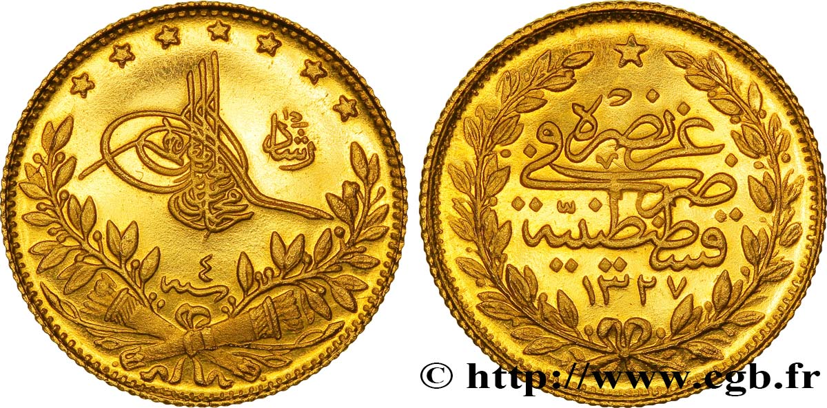 TURQUIE 50 Kurush en or Sultan Mohammed V Resat AH 1327, An 4 1913 Constantinople SUP 