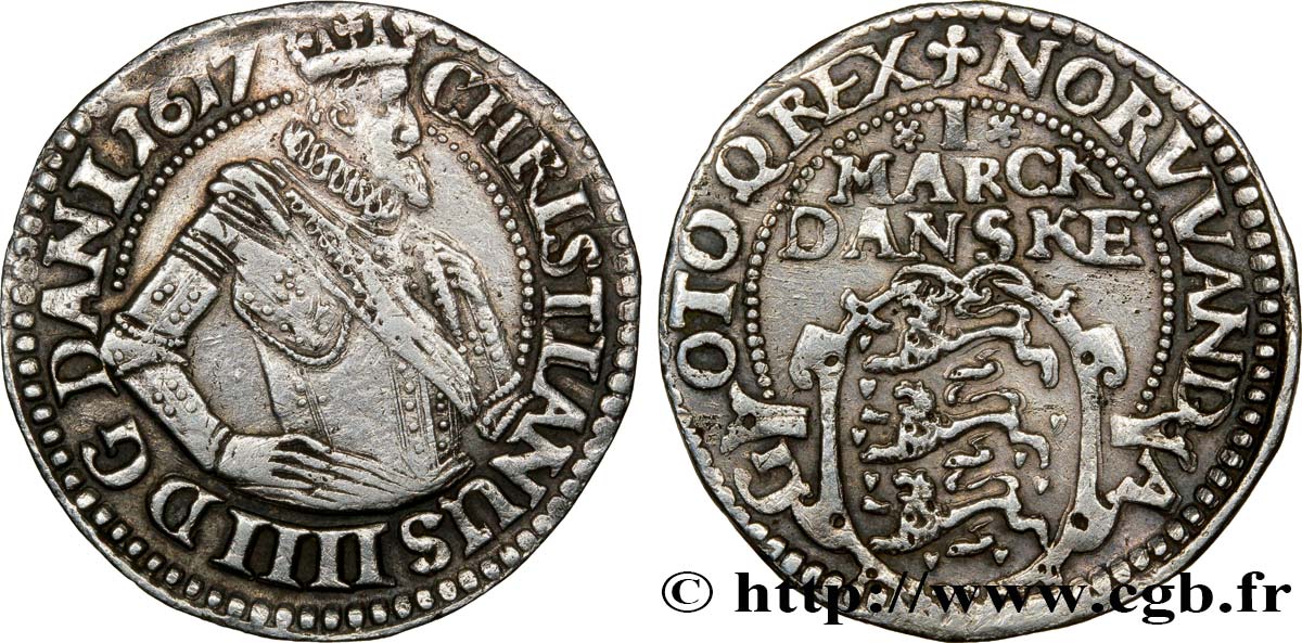 DANEMARK 1 Mark Christian IV 1617 Copenhague TB+ 