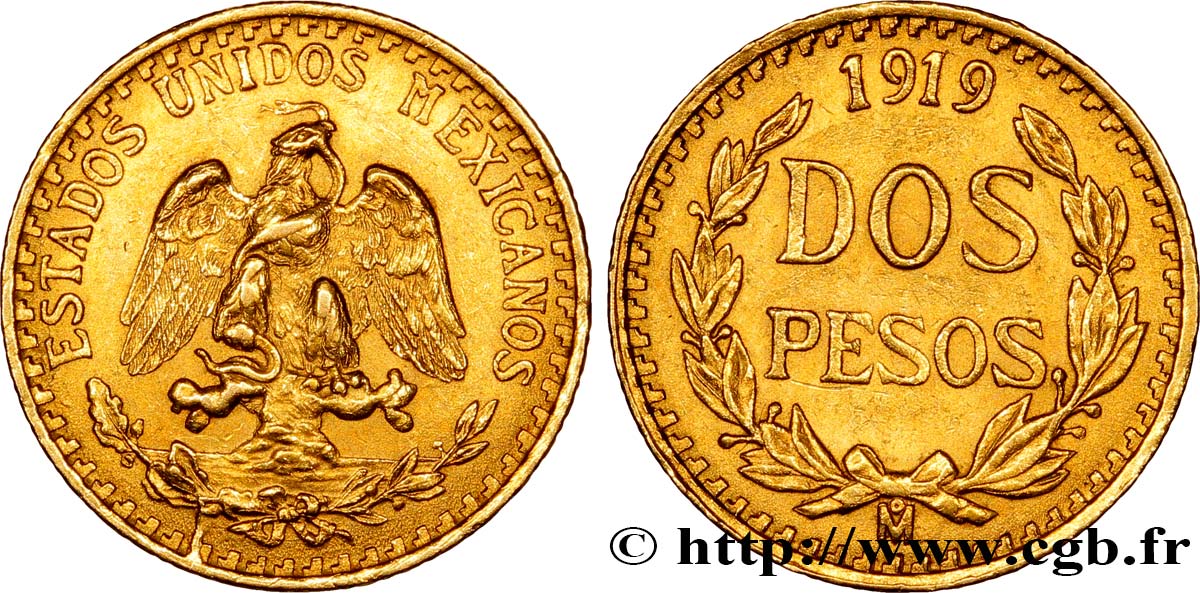 MEXICO 2 Pesos or Aigle du Mexique 1919 Mexico AU 