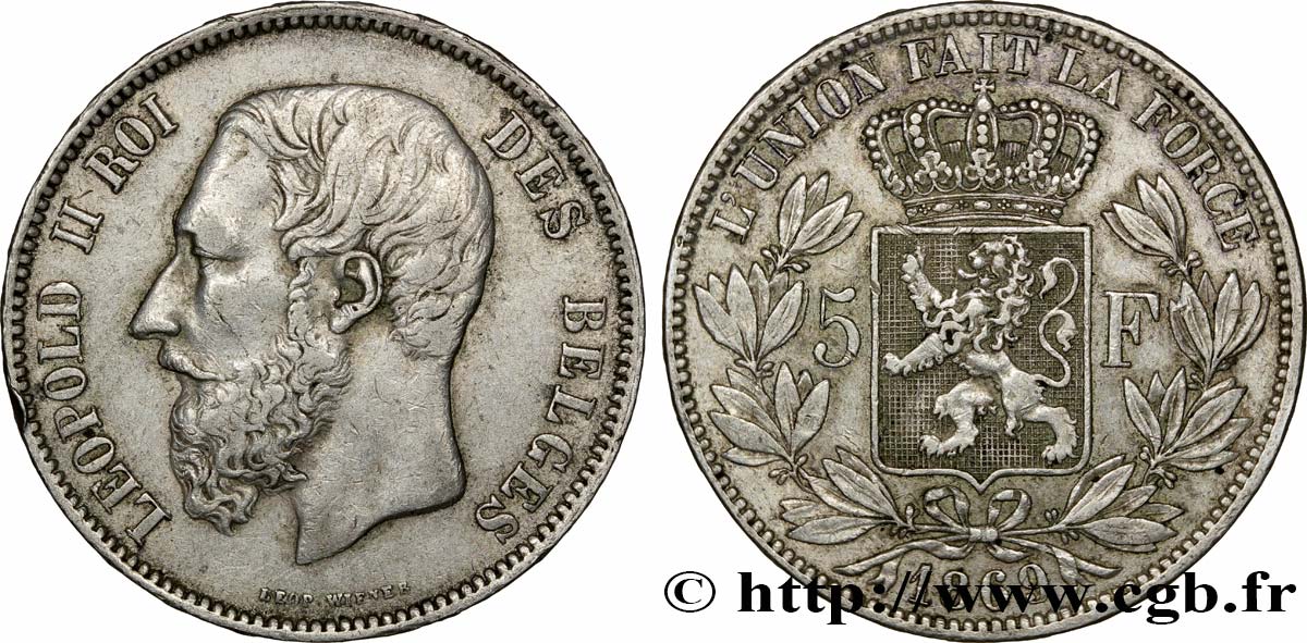 BELGIUM 5 Francs Léopold II / Écu couronné 1869  VF 