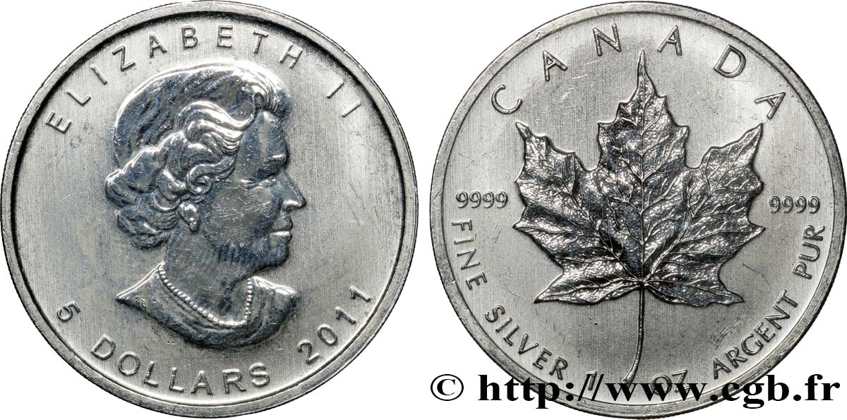 CANADA 5 Dollars (1 once) Proof feuille d’érable / Elisabeth II 2011  AU 