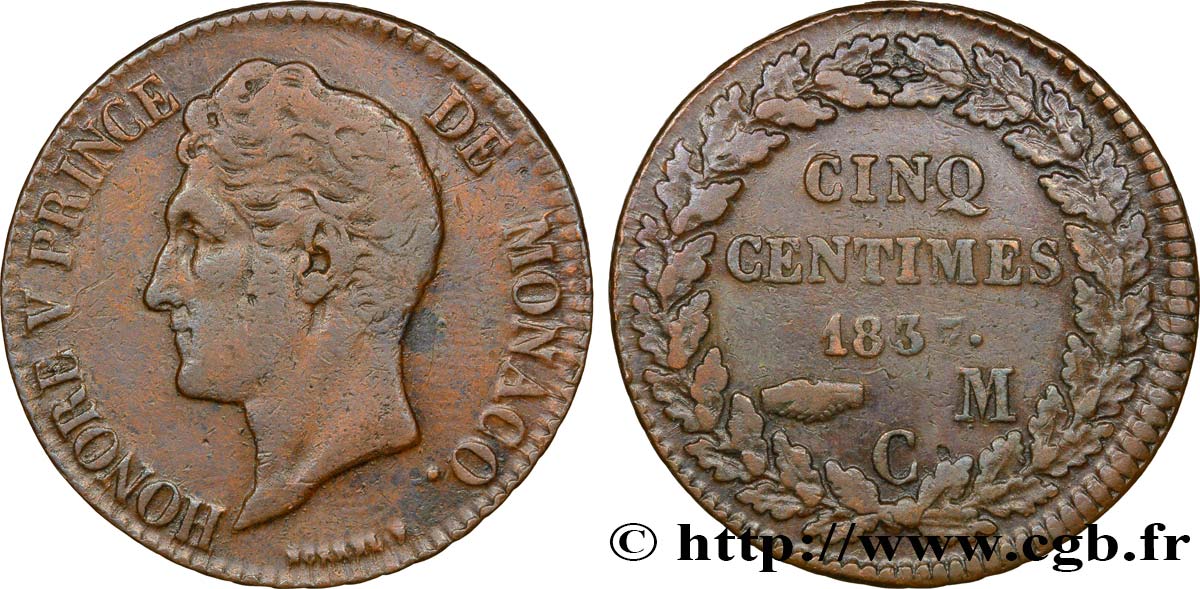 MONACO 5 Centimes Honoré V petite tête en cuivre rouge 1837 Monaco fSS 