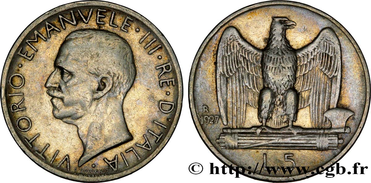 ITALY 5 Lire Victor Emmanuel III 1927 Rome - R XF 