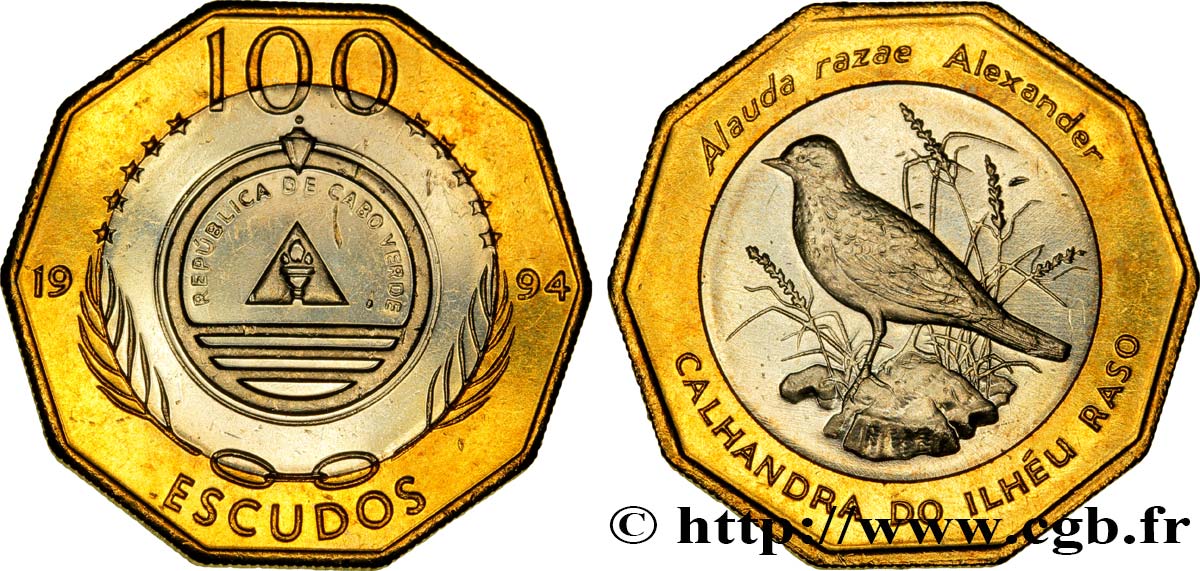 CAPE VERDE 100 Escudos série ornithologique  : emblème / Alauda razae (Alouette de Razo) 1994  AU 