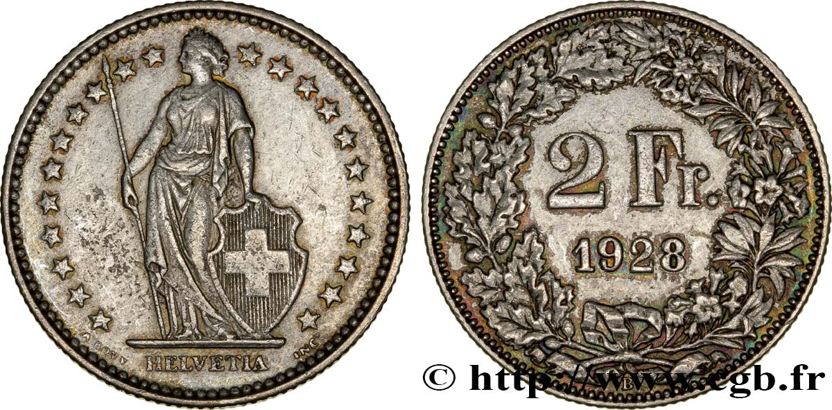 SWITZERLAND 2 Francs Helvetia 1928 Berne - B XF 