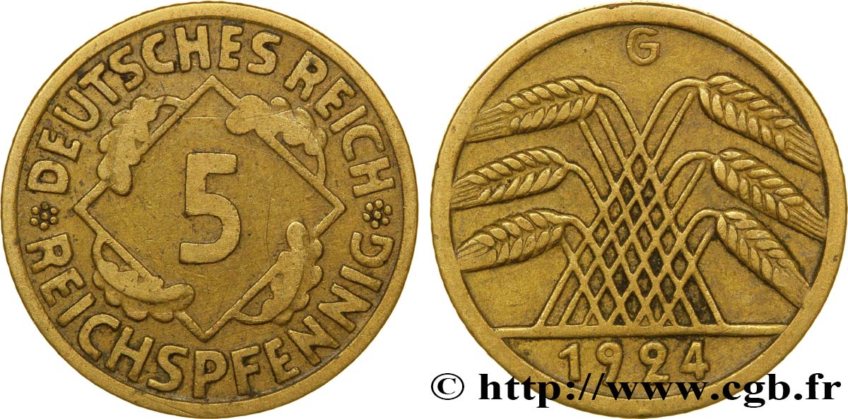 ALLEMAGNE 5 Reichspfennig gerbe de blé 1924 Karlsruhe - G TB+ 