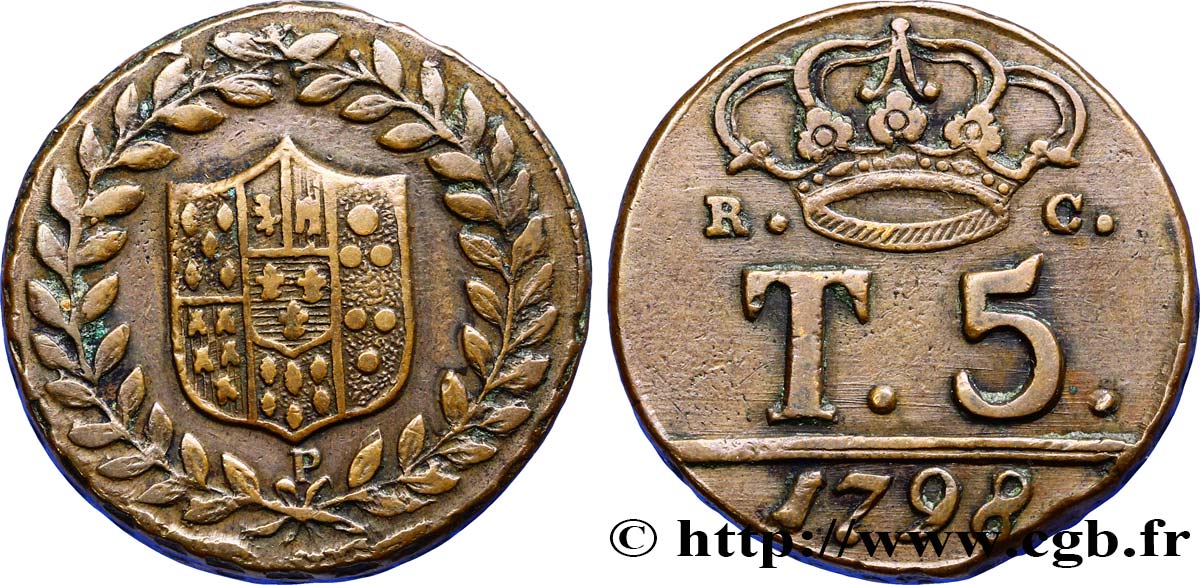 ITALY - KINGDOM OF NAPLES 5 Tornesi 1798  XF 