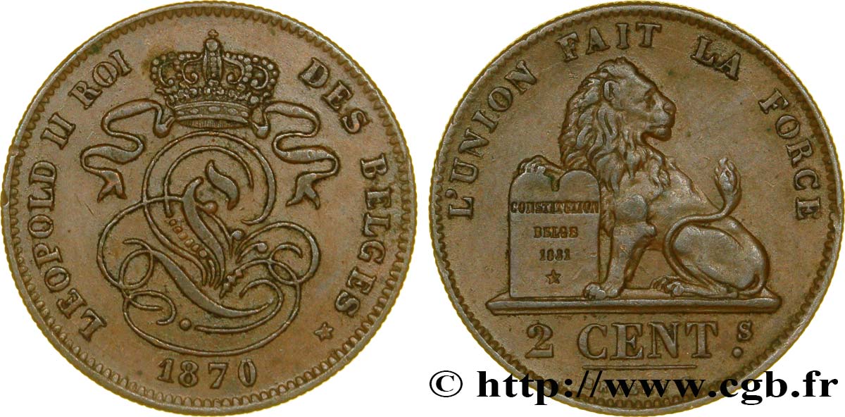 BÉLGICA 2 Centimes lion monogramme de Léopold II 1870  MBC 