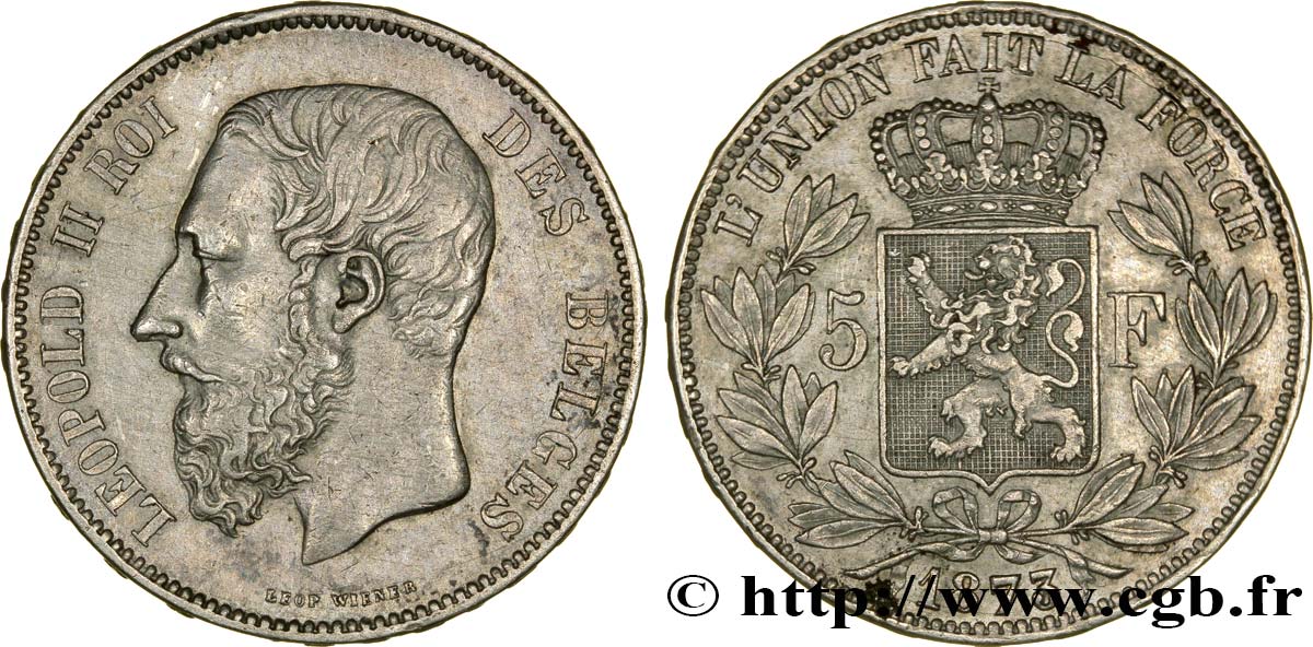 BELGIUM 5 Francs Léopold II 1873  XF 