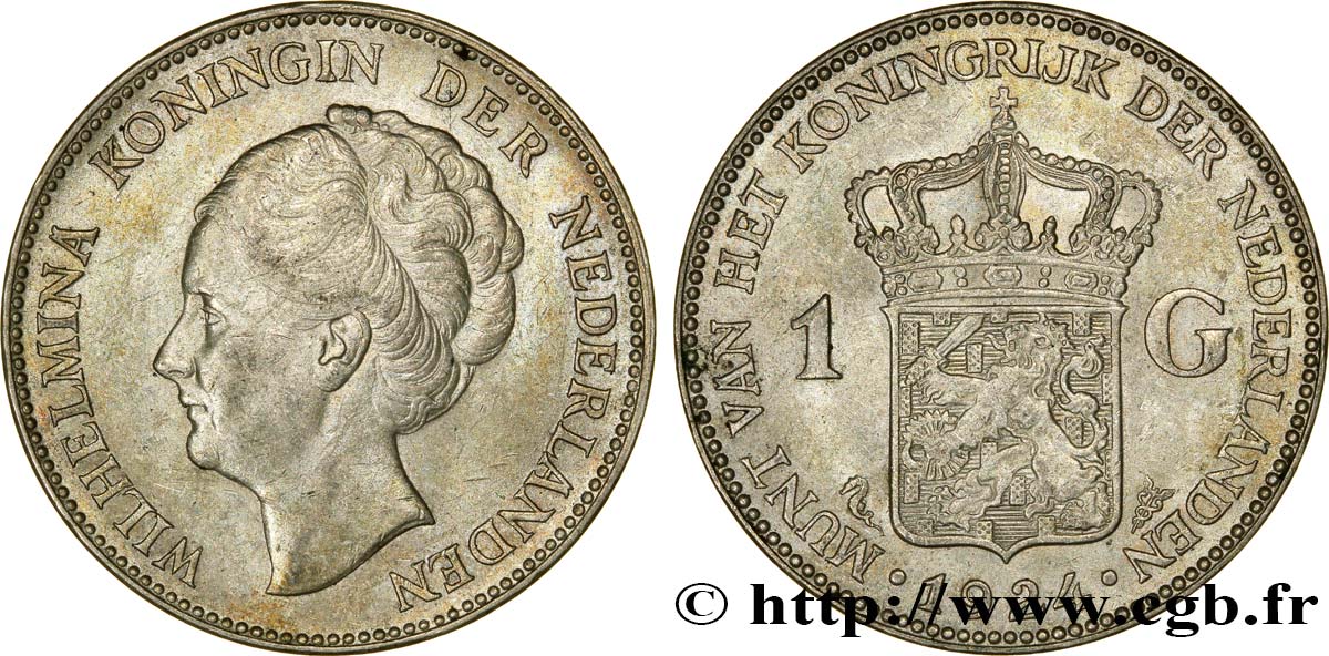 NETHERLANDS 1 Gulden Wilhelmina 1924  AU 