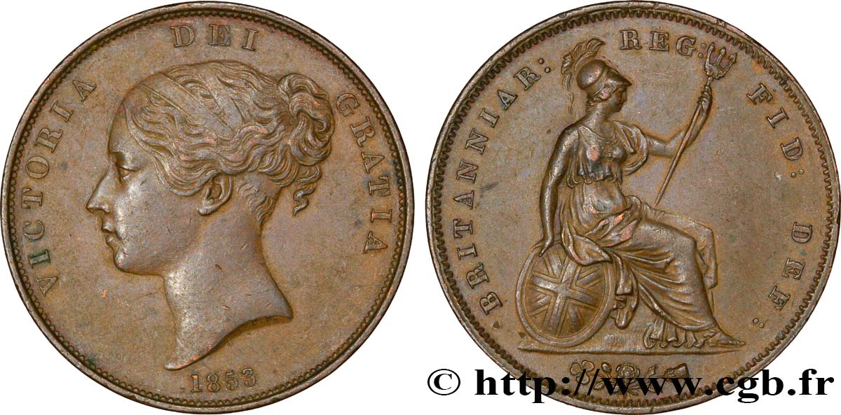 ROYAUME-UNI 1 Penny Victoria “tête jeune” 1853  TTB 