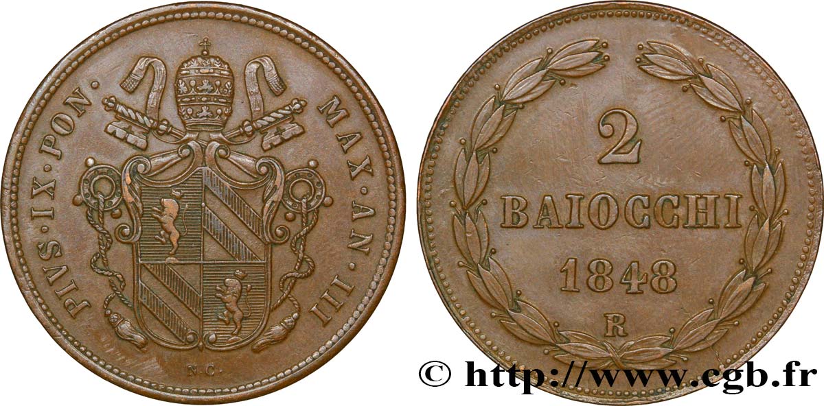 VATICAN AND PAPAL STATES 2 Baiocchi frappe au nom de Pie IX an III 1848 Rome - R XF 