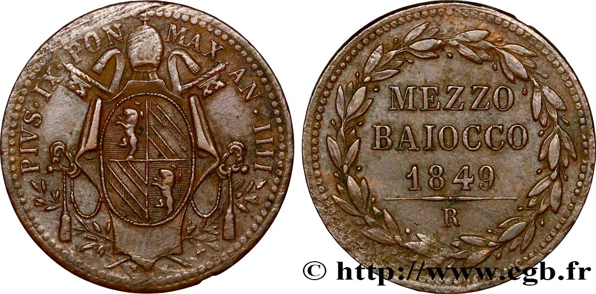 VATICAN AND PAPAL STATES 1/2 Baiocco 1849 Rome AU 