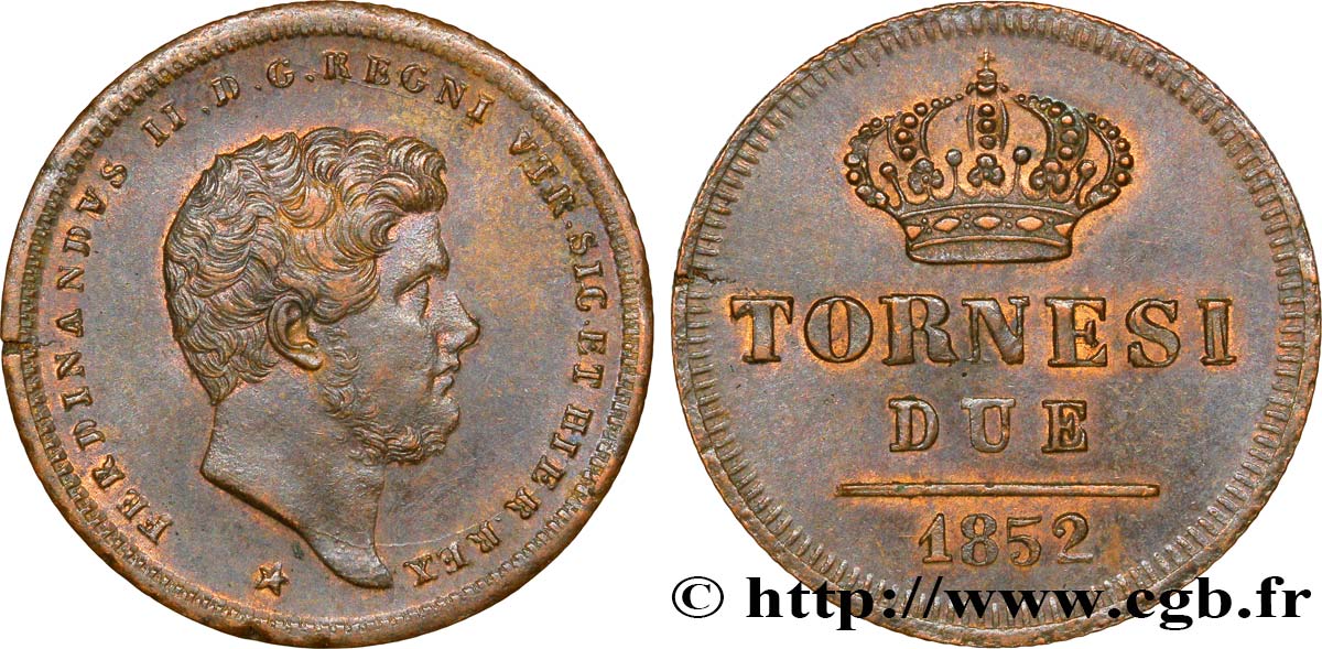 ITALIE - ROYAUME DES DEUX-SICILES 2 Tornesi Ferdinand II / couronne étoile à 6 pointes 1852 Naples SUP 