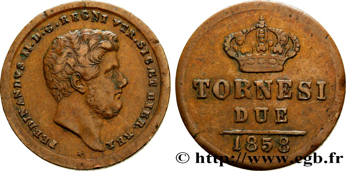 ITALIE - ROYAUME DES DEUX-SICILES 2 Tornesi Royaume des Deux-Siciles, Ferdinand II / écu couronné type à 5 pétales 1858 Naples TTB 