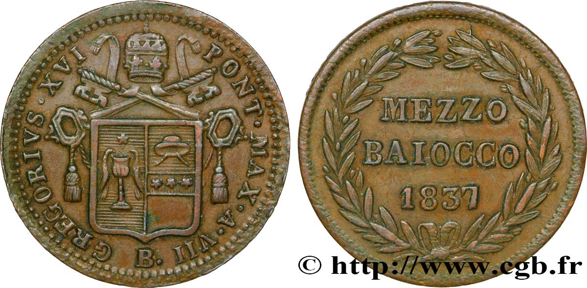 VATICAN AND PAPAL STATES 1/2 Baiocco au nom de Grégoire XVI an VII 1837 Bologne AU 