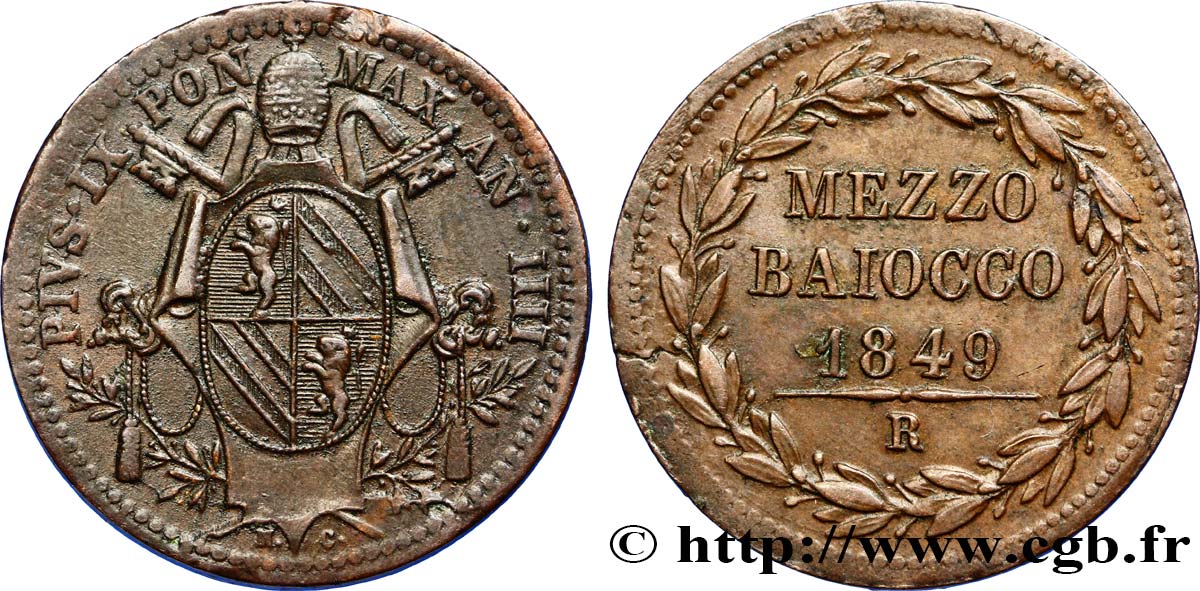 VATICAN AND PAPAL STATES 1/2 Baiocco 1849 Rome XF 