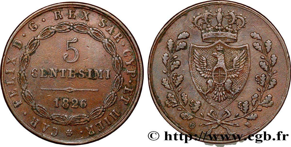 ITALIA - REINO DE CERDEÑA 5 Centesimi Royaume de Sardaigne type au “P” 1826 Turin MBC 