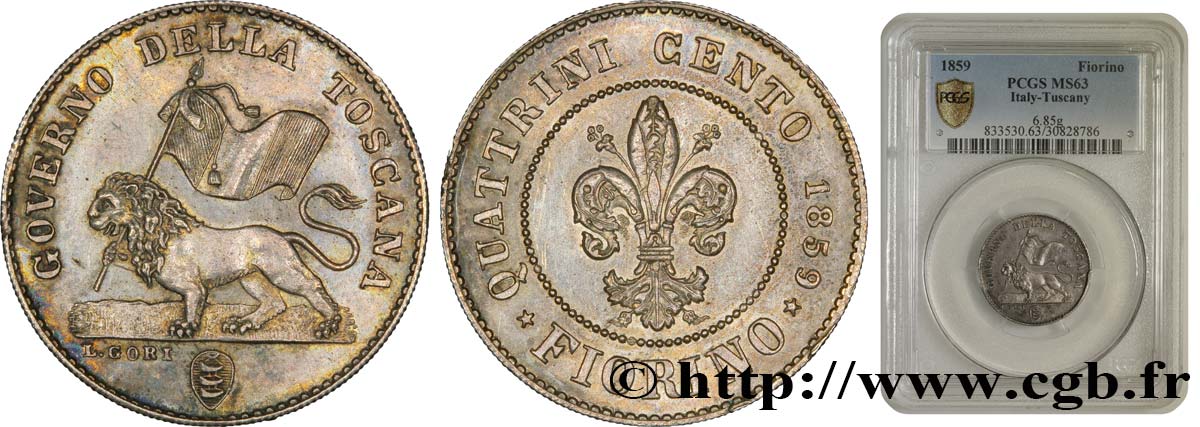 ITALIE - TOSCANE 1 Fiorino Gouvernement Provisoire - PCGS 1859 Florence SPL63 PCGS