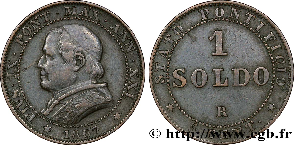 VATICAN ET ÉTATS PONTIFICAUX 1 Soldo an XXI buste large 1867 Rome TTB 