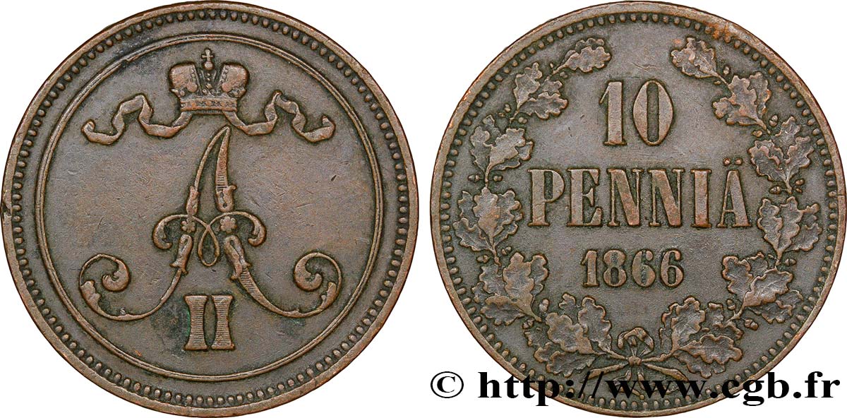 FINLAND 10 Pennia monogramme Alexandre II 1866  XF 
