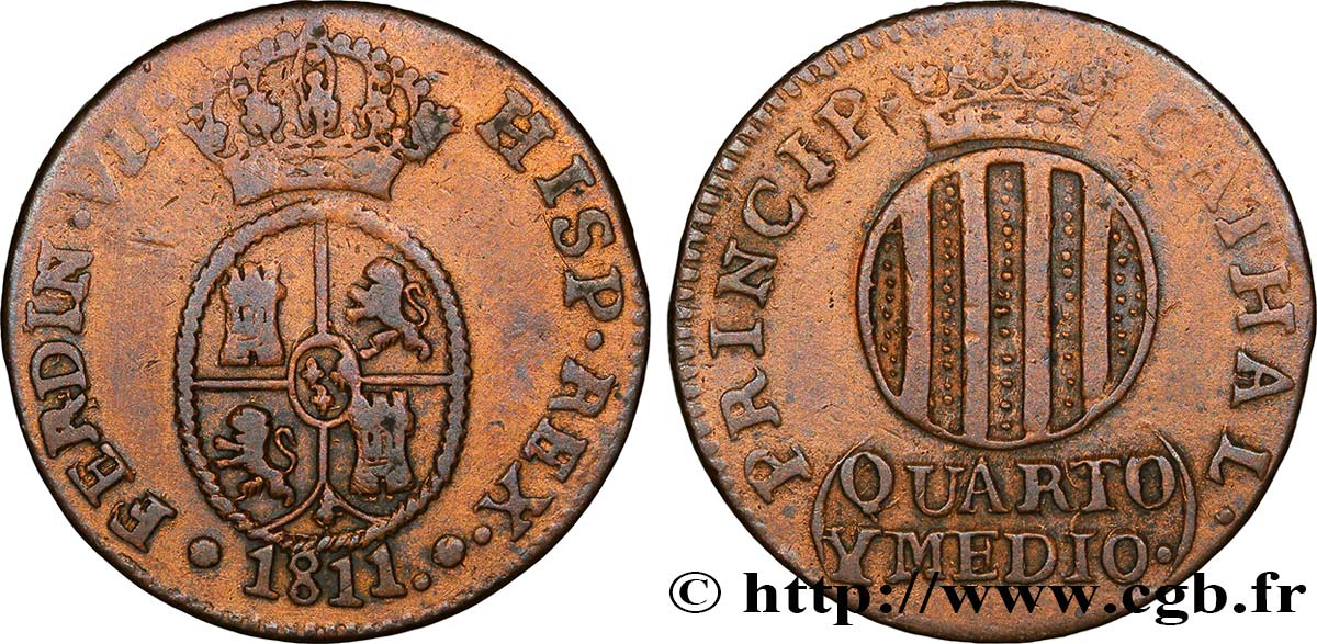 ESPAGNE - CATALOGNE 1 1/2 Quartos (Quarto y Medio) frappe au nom de Ferdinand VII / écu de Catalogne 1811 Catalogne TTB 