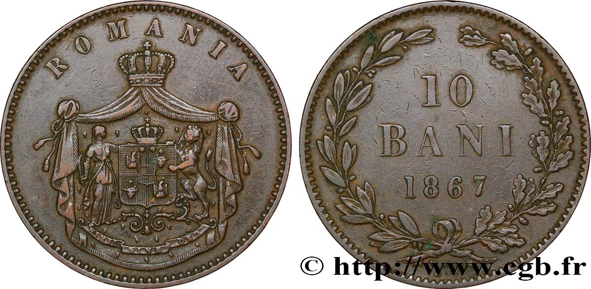 RUMÄNIEN 10 Bani armes 1867 Watt & Co fVZ 