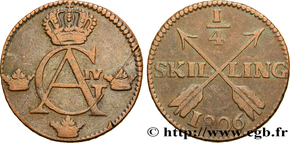 SUECIA 1/4 Skilling monogramme du roi Gustave IV Adolphe 1806  BC 